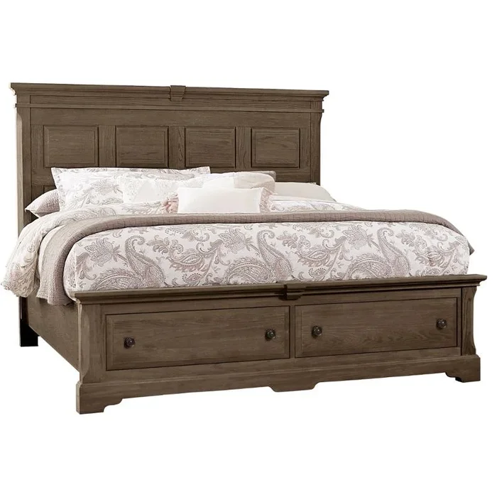 112-669-st Vaughan Bassett Furniture Heritage – Cobblestone Oak King Or Eastern King Mansion Bed With Storage Footboard