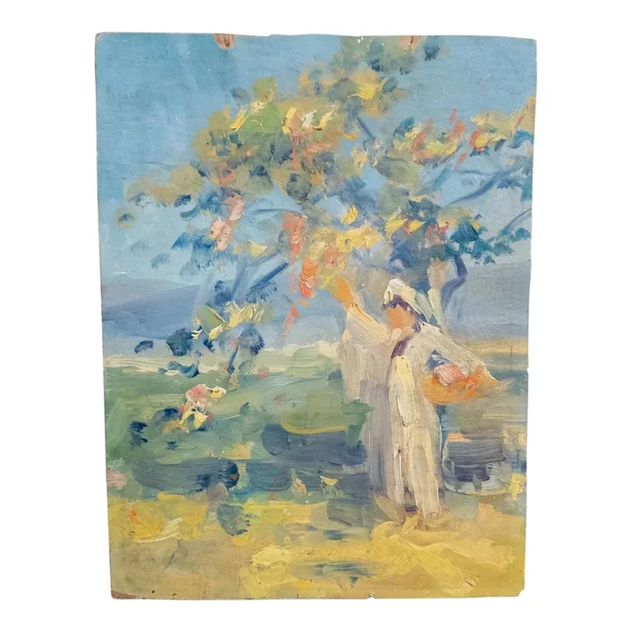 20th Century American Impressionist Oil Painting of Woman Picking Fruit, Pennsylvania School