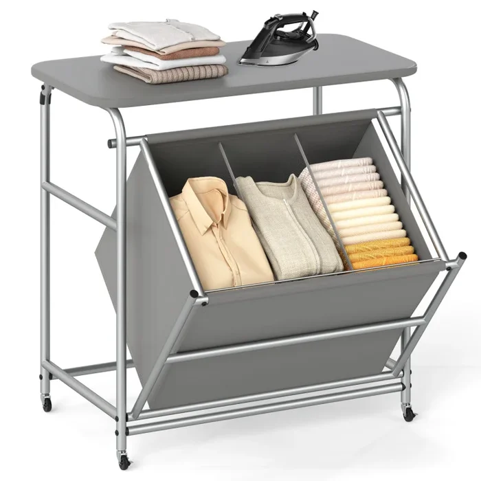 3-Section Laundry Sorter with Foldable Ironing Board and Lockable Wheels