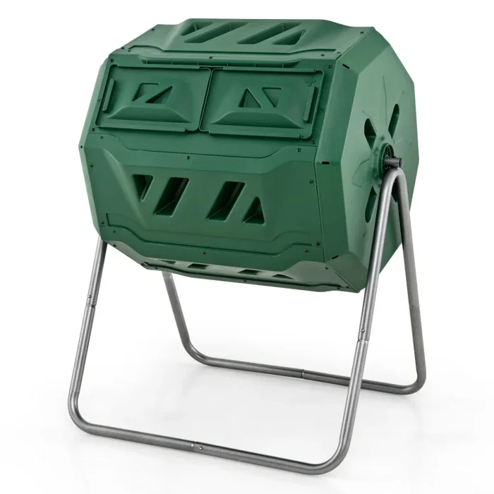 43 Gallon Rotating Compost Bin Barrel with Dual Chamber and Sliding Doors