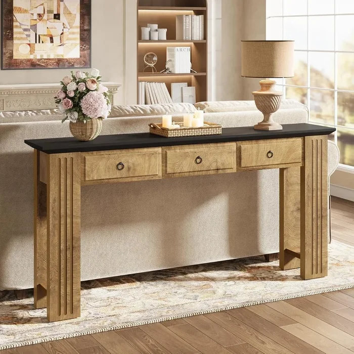 63″ Console Table with 3 Drawers, Narrow Sofa Table Behind Couch