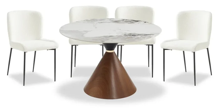 Alwin 5pc Dining Set with Table & 4 Chairs, Sintered Stone Top, Metal, 47.25″W Round – Brown/White | Ensemble de salle à manger Alwin 5 pièces en métal avec table ronde de 47,25 po (L), dessus en pierre frittée et 4 chaises – brun et blanc