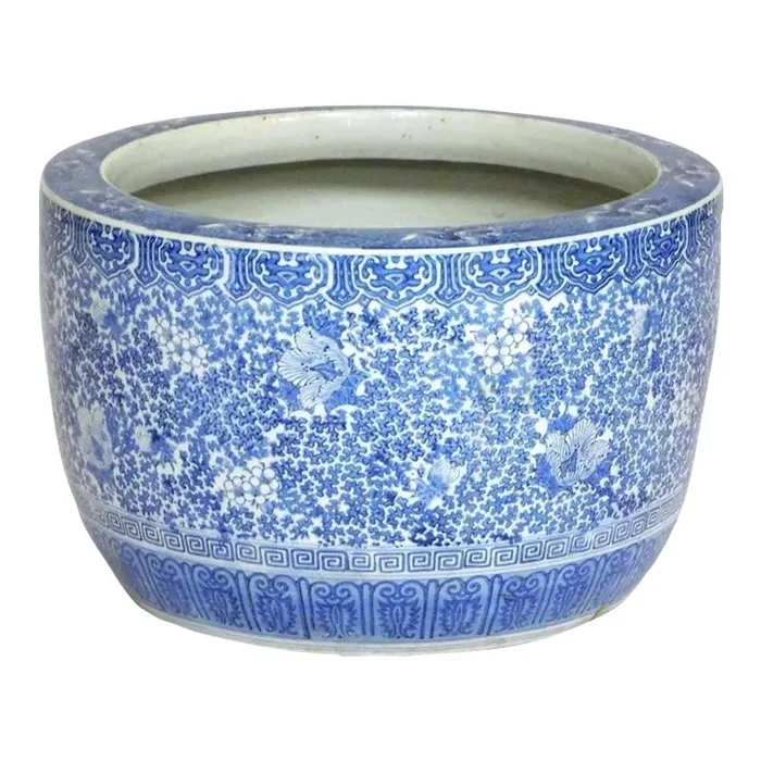 Antique Chinese Blue and White Porcelain Fish Bowl Jardiniere Planter