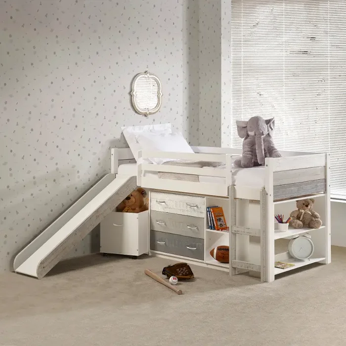 Bristol Twin Gray and White Loft Bed With Accessories