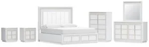 California King Upholstered Storage Bed With Mirrored Dresser, Chest and 2 Nightstands