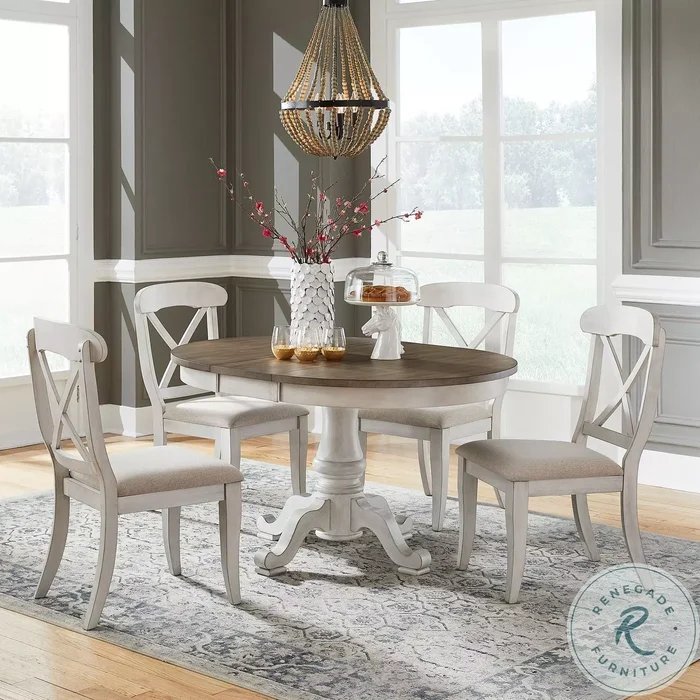 Coastal Isle Antique White And Weathered Pine Extendable Single Pedestal Dining Room Set