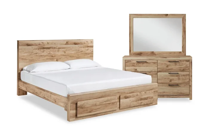 Derekson 5pc Bedroom Set with Storage Bed, Dresser & Mirror, Natural – King Size | Ensemble de chambre à coucher Derekson 5 pièces naturel avec lit de rangement, commode et miroir – format très grand lit