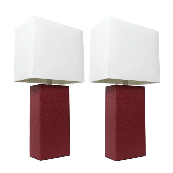 Elegant Designs 2 Pack Modern Leather Table Lamps with White Fabric Shades, Red Lamp Set|Ensemble 2 lampes de table moderne Elegant Designs en cuir rouge|D21ZLJTV