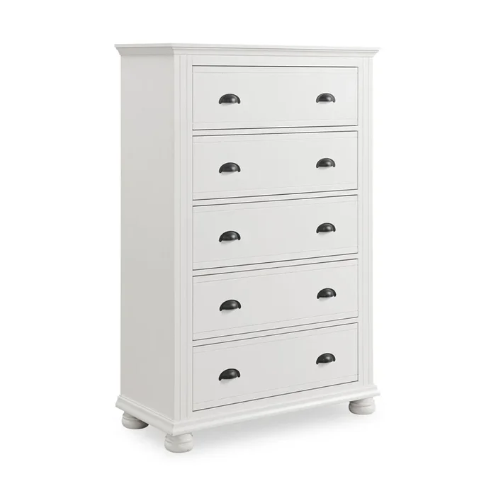 Ella Bedroom Chest of Drawers, 5-Drawer, 36″W x 53″H – White | Commode verticale de chambre à coucher Ella de 36 po (L) x 53 po (H) à 5 tiroirs – blanche