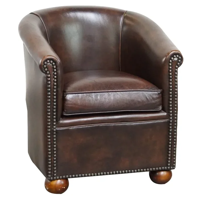 English Style Dark Cowhide Leather Club Chair with Ball Legs