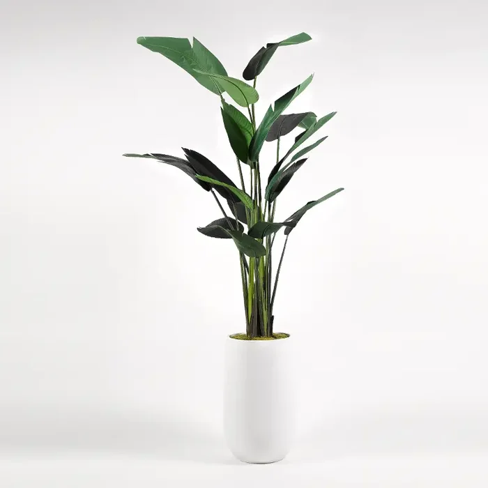 Faux Green Traveler Palm Tree Arrangement in White Planter