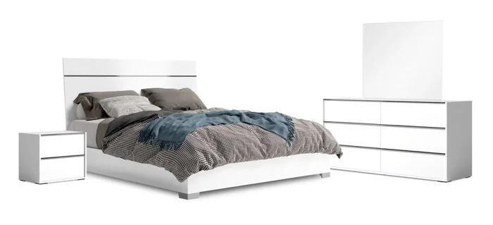 Gino 6pc Bedroom Set with Panel Bed, Dresser, Mirror & Nightstand – Made in Italy, Modern, White – Queen Size | Ensemble de chambre à coucher Gino 6 pièces avec lit à panneaux, commode, miroir et table de nuit – moderne, blanc – format grand lit