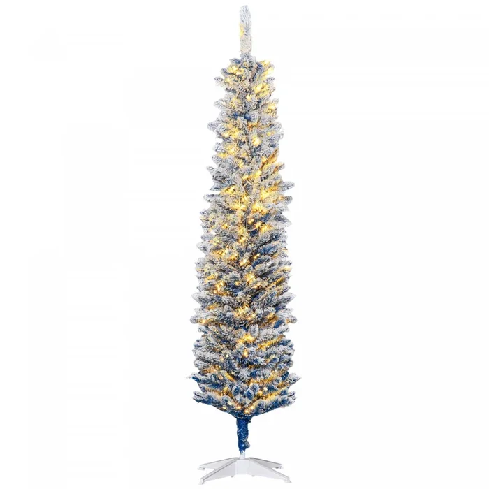 Homcom 6′ Slim Snow Flocked Artificial Christmas Tree With Light, Blue|Homcom Arbre De Noel Artificiel Pre-eclaire De 6 Pi, Pointes Enneigees