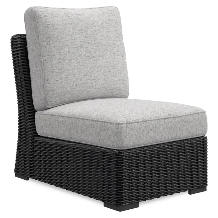 Jasper Outdoor Patio Armless Chair – Resin Wicker, Nuvella Fabric, UV & Weather Resistant – Grey/Black | Fauteuil sans accoudoirs Jasper pour la terrasse à l’extérieur – osier en résine, tissu Nuvella