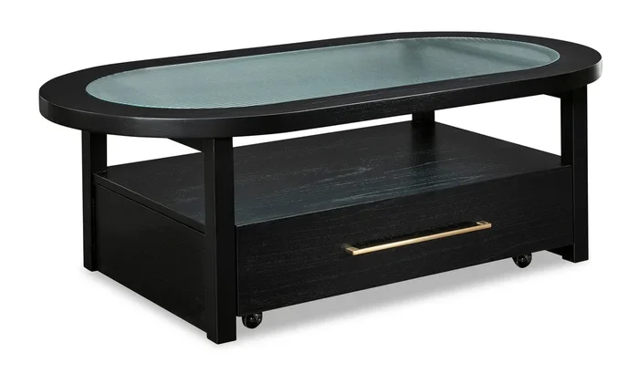 Julian 52” Contemporary Glass Coffee Table with Storage and Casters – Black | Table à café contemporaine Julian de 52 po en verre avec rangement et roulettes – noire