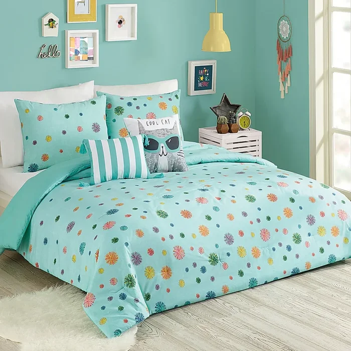 Kids Candy Cat Turquoise Twin Comforter Set