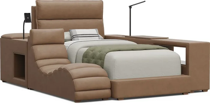 Kids Cloud9 Saddle Twin Upholstered Bed with Nightstand, Lounger and Bookcase