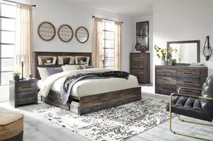 King Bookcase Bed With 4 Storage Drawers With Mirrored Dresser, Chest and 2 Nightstands