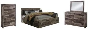 King Panel Bed With 6 Storage Drawers With Mirrored Dresser and Chest
