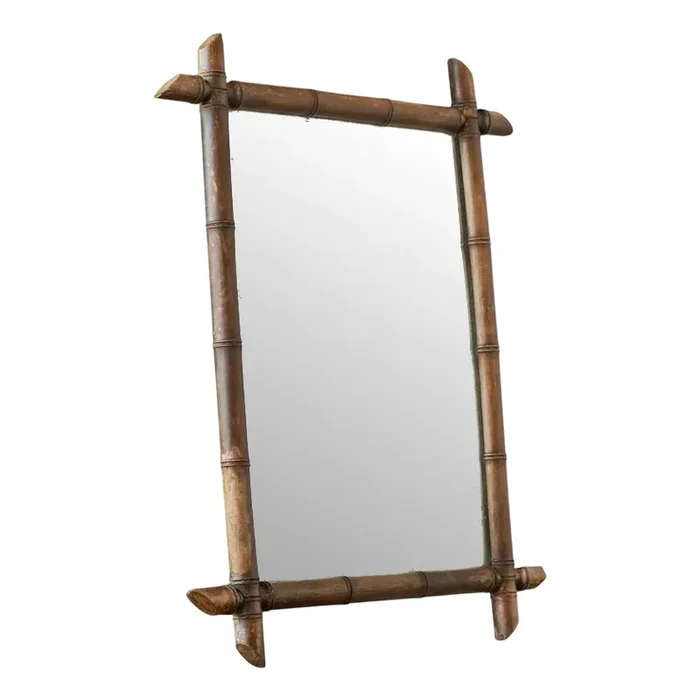 Large Early 20th Century French Faux Bamboo Mirror in Wood and Weathered Mirror, 1930s