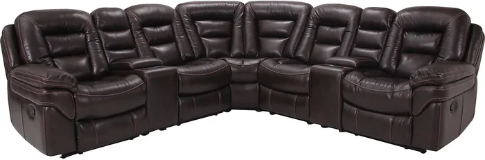 Leo 7-Piece Leather-Look Fabric Reclining Sectional with Storage Consoles and Cupholders – Walnut Brown | Sofa sectionnel inclinable Leo 7 pièces en tissu d’apparence cuir avec consoles de rangement et porte-gobelets – brun noyer
