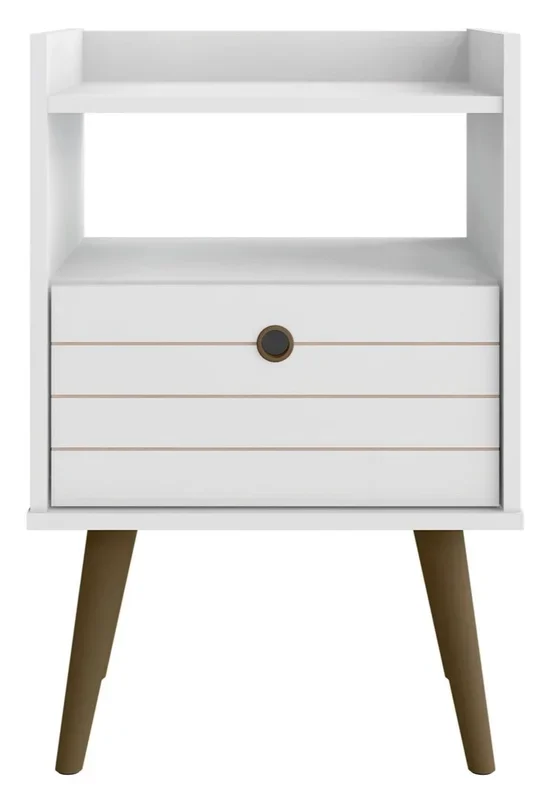 Manhattan Comfort Bogart Mid-Century Modern Nightstand – White & Natural|Table de nuit Bogart de Manhattan Comfort de style moderne du milieu du 20e siècle – blanche et naturelle