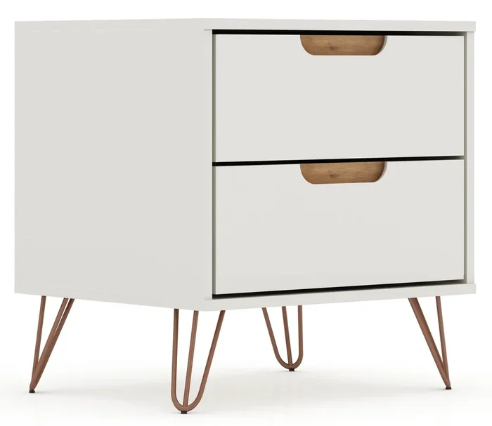 Manhattan Comfort Rockefeller Mid-Century Modern Nightstand with 2 Drawers – Off White & Natural|Table de nuit Rockefeller de Manhattan Comfort de style moderne du milieu du 20e siècle avec 2 tiroirs – blanc cassé et naturelle