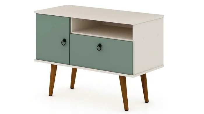 Manhattan Comfort Tribeca 35.43″ Mid-Century Modern TV Stand with Solid Wood Legs – Off White & Gree|Meuble pour téléviseur Tribeca de Manhattan Comfort de 35,43 po de style moderne du milieu du 20e si