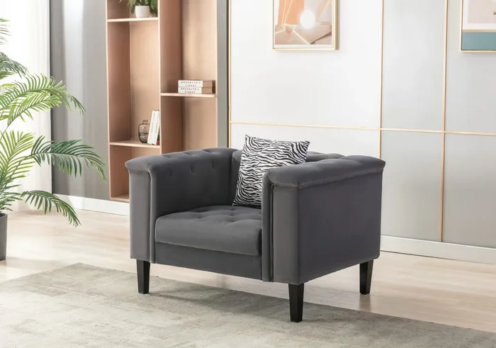 Mary – Velvet Tufted Chair With 1 Accent Pillow – Dark Gray