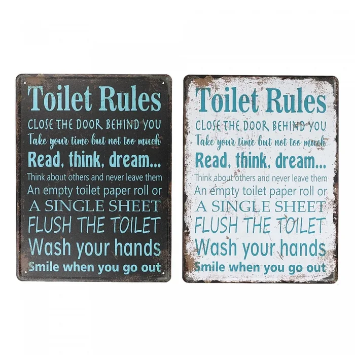 Metal Wall Sign Toilet Rules – Set of 2 Wall Decor|Panneau mural « Toilet Rules » en métal – ensemble de 2 décorations murales