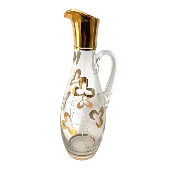 Midcentury Modern Bohemia Murmac Gold Glass Floral Pitcher