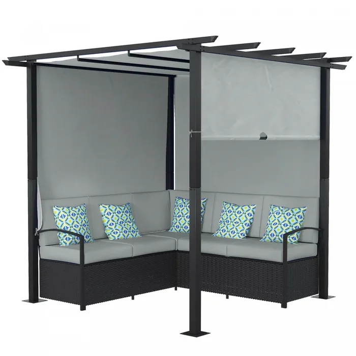 Outsunny Patio Furniture W/ Retractable Canopy Pergola Sofa Set, Grey