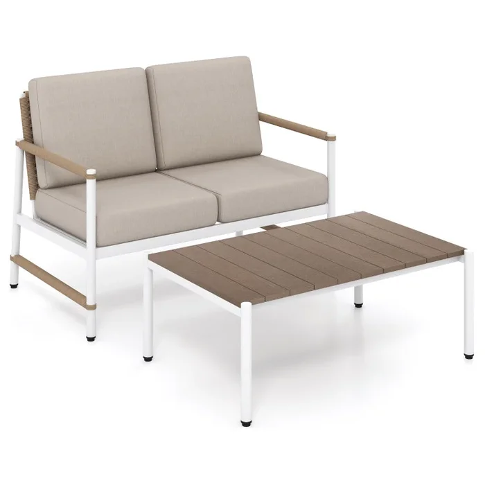 Patio Loveseat Sofa with Coffee Table Set with Thick Cushions