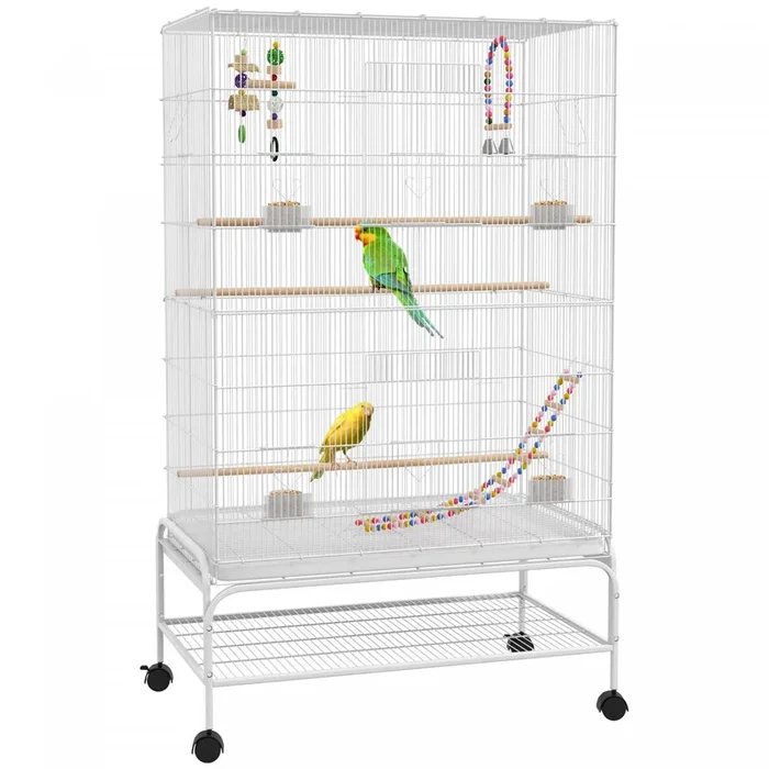 Pawhut 52″ Bird Cage For Budgies Cockatiels Canaries Lovebirds Finches With Rolling Stand, Toys, Removable Tray, Storage Shelf, White