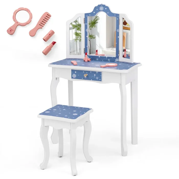 Princess Pretend Play Makeup Table and Stool Set with Tri-folding Mirror