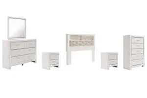 Queen Bookcase Headboard With Mirrored Dresser, Chest and 2 Nightstands