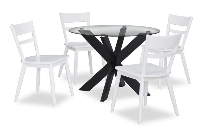 Remi 5pc Dining Set with Table & 4 Ladder-Back Chairs, Glass & Wood, 42″W Round – Black & White | Ensemble de salle à manger Remi 5 pièces en verre et bois avec table ronde de 42 po (L) et 4 chaises à dossier en échelle – noir et blanc