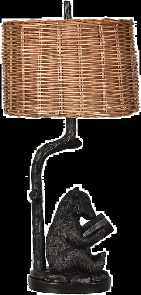 Resin Bronze Reading Bear Table Lamp with Rattan Shade