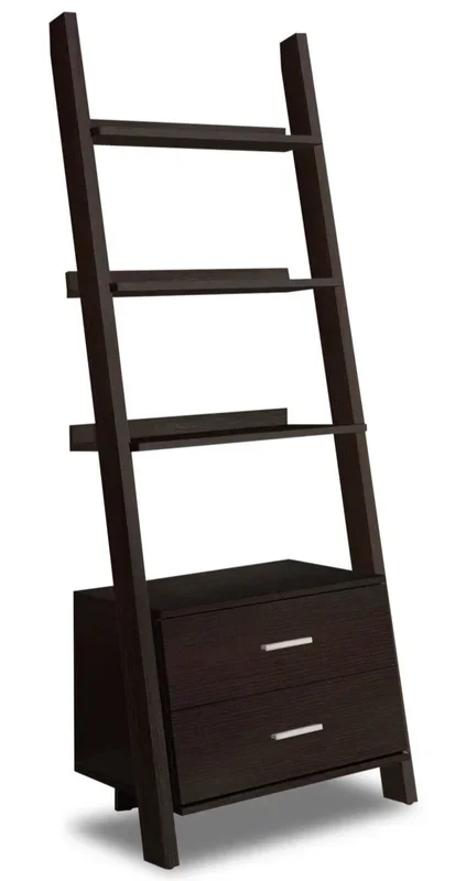 Ronan 25.5″ Ladder Bookcase with Open Shelves & 2-Drawers – Espresso |Bibliothèque échelle Ronan de 25,5 po à tablettes ouvertes et 2 tiroirs – espresso