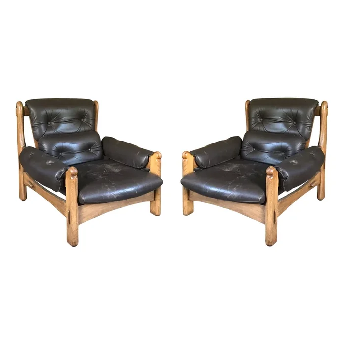 Set of Vintage Brutalist Oak and Leather Chairs, 1975