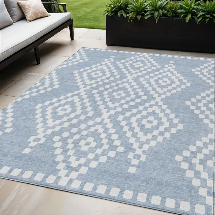 Tabselect Home Line 5′ X 8′ Denim Blue And Ivory Geometric Washable Indoor Outdoor Area Rug