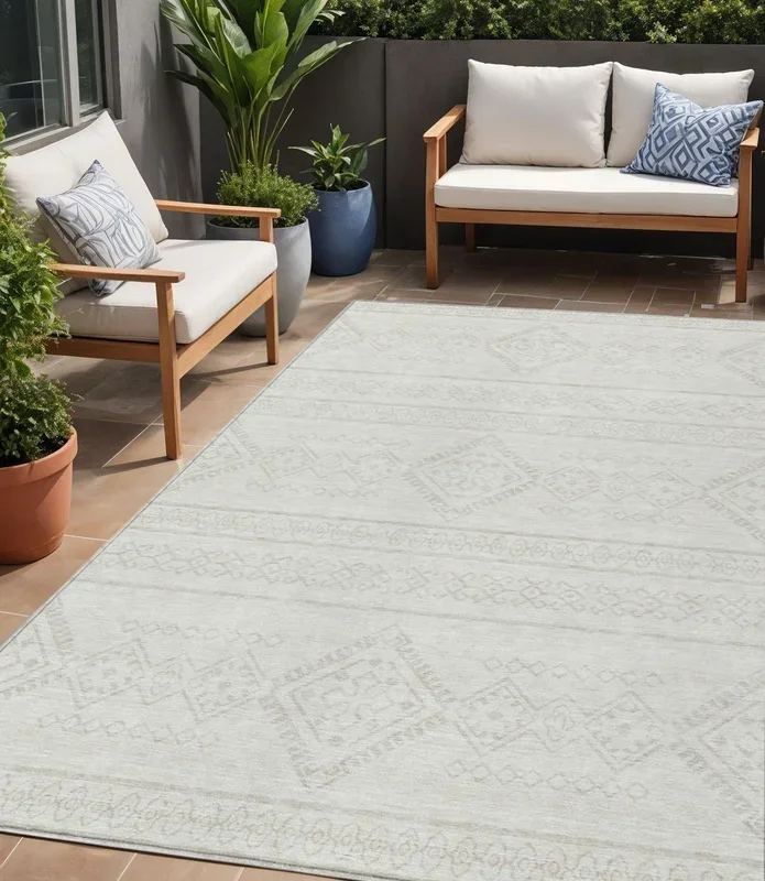 Tabselect Home Line 5′ X 8′ Ivory And Silver Southwestern Washable Indoor Outdoor Area Rug