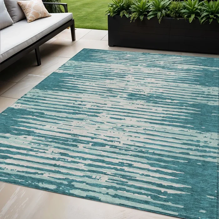Tabselect Home Line 5′ X 8′ Teal Blue And Ivory Striped Washable Indoor Outdoor Area Rug