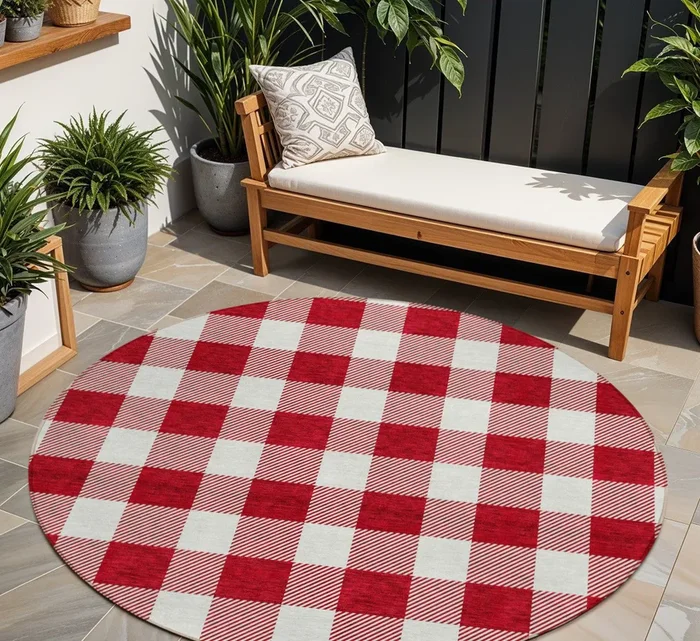 Tabselect Home Line 8′ Red And Ivory Round Plaid Washable Indoor Outdoor Area Rug