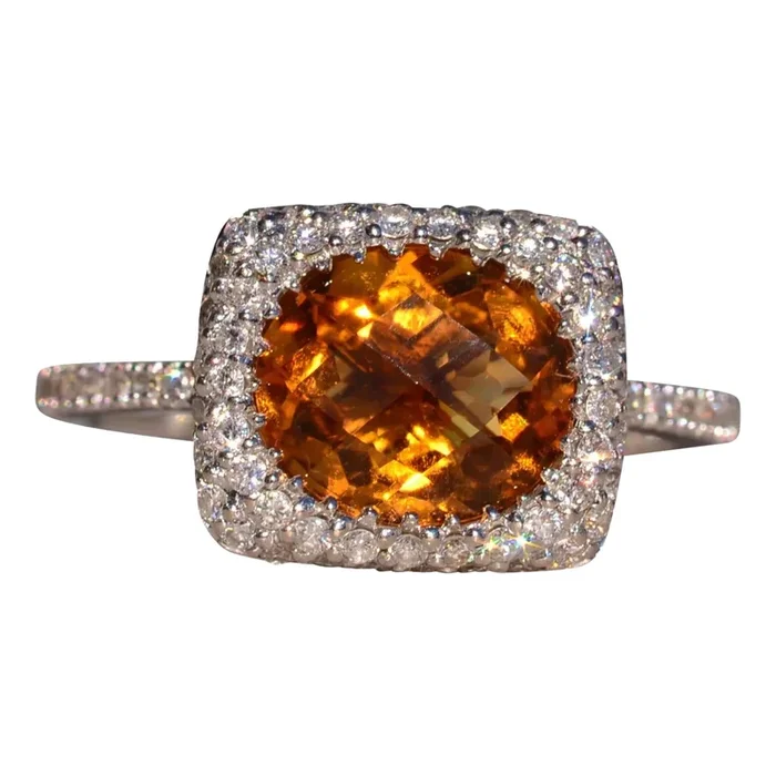 The Hawes Hill: Checkerboard Citrine and Diamond Waterfall Halo Ring in White Gold