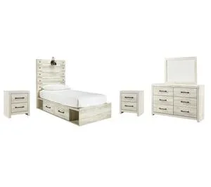 Twin Panel Bed With 4 Storage Drawers With Mirrored Dresser and 2 Nightstands