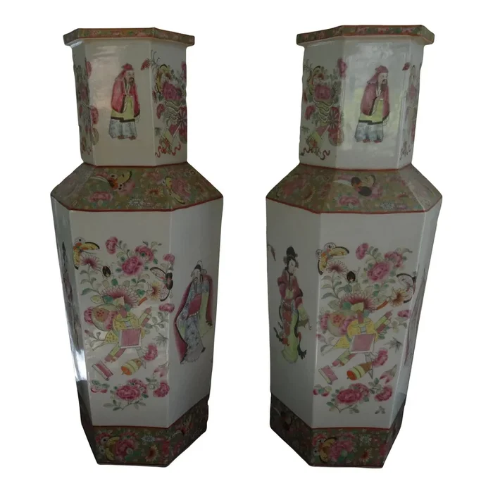 Vintage Chinese Hexagonal Vases- Set of 2