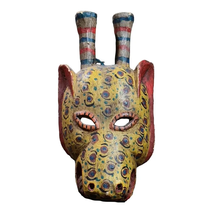 Vintage Hand Carved Folk Art Polychrome Spotted Jaguar Mask