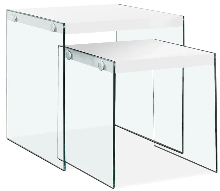 Waterford 19.75″ Modern 2-Pack Nesting End Tables – White with Glass Legs|2 tables de bout gigognes modernes Waterford de 19,75 po – blanches avec pattes en verre